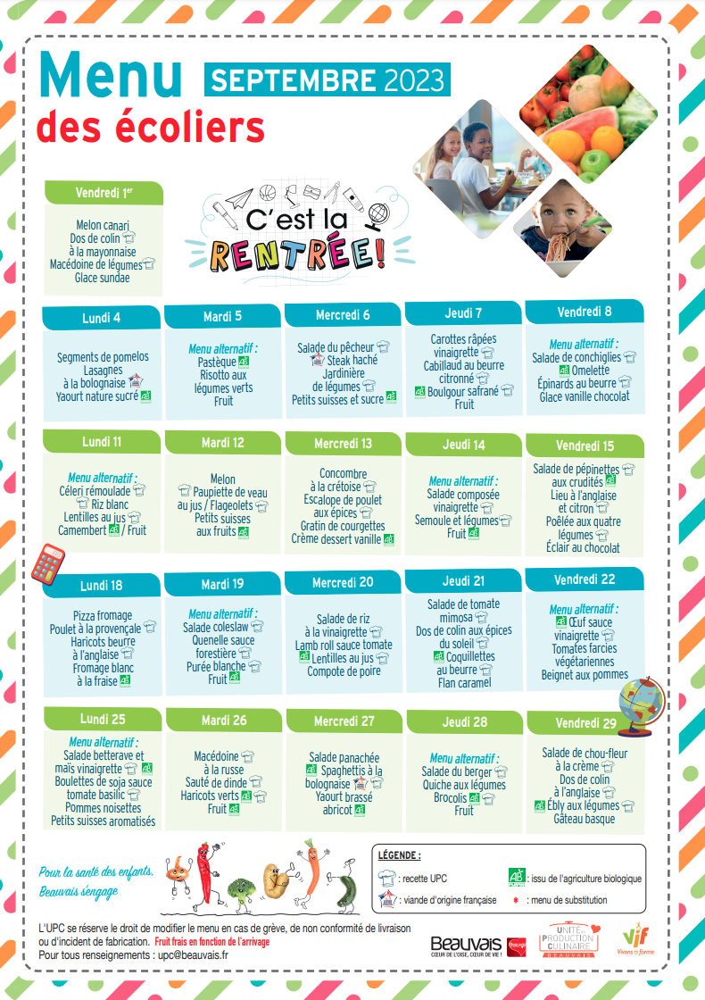 Menu septembre 2023 Beauvais