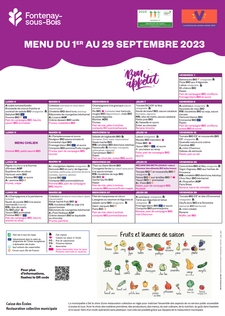 Menu scolaire Fontenay septembre 2023