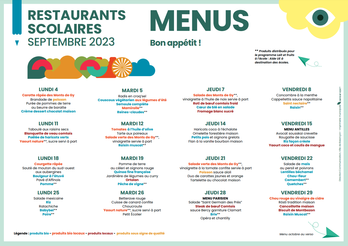 Menus septembre 2023 Besançon