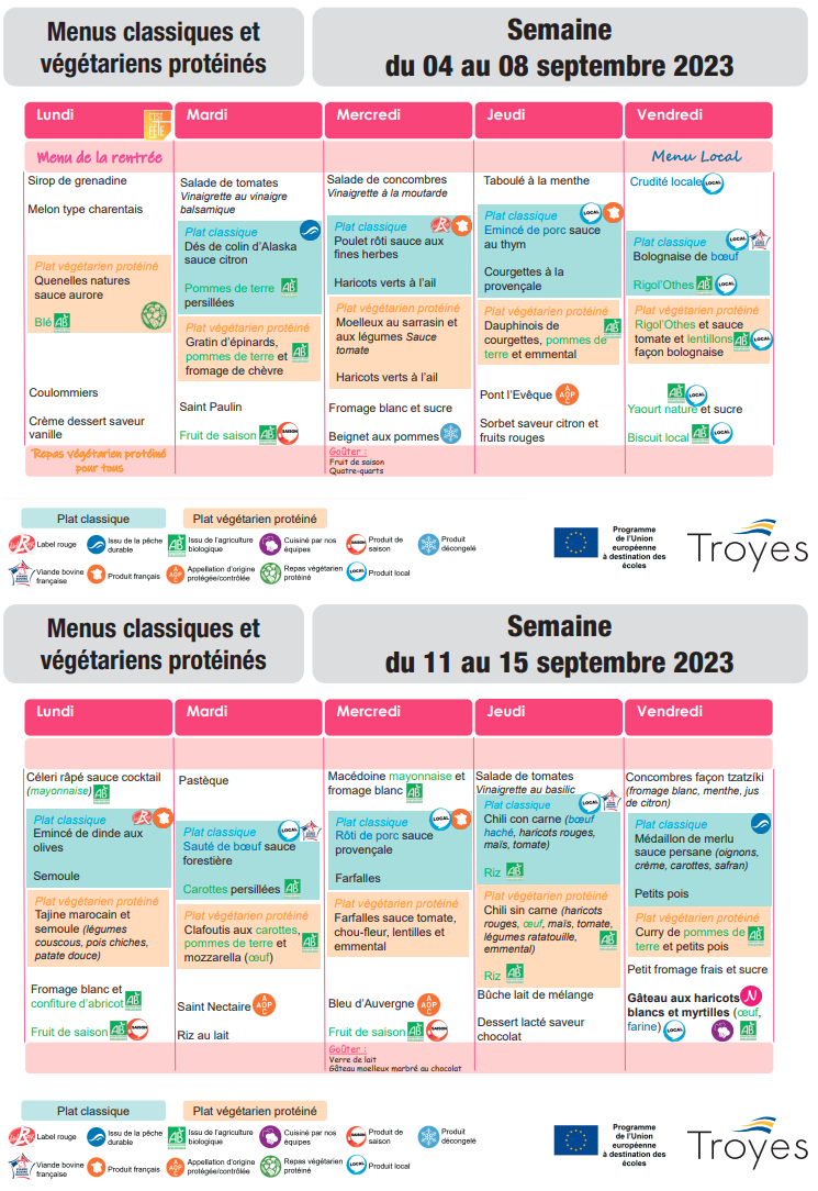 Menu septembre Troyes 2023